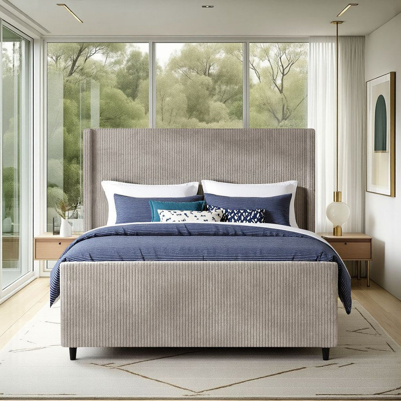 ?King Corduroy Wingback Bed Frame ?600 lb Capacity ?Noise-Free Design, Grey
