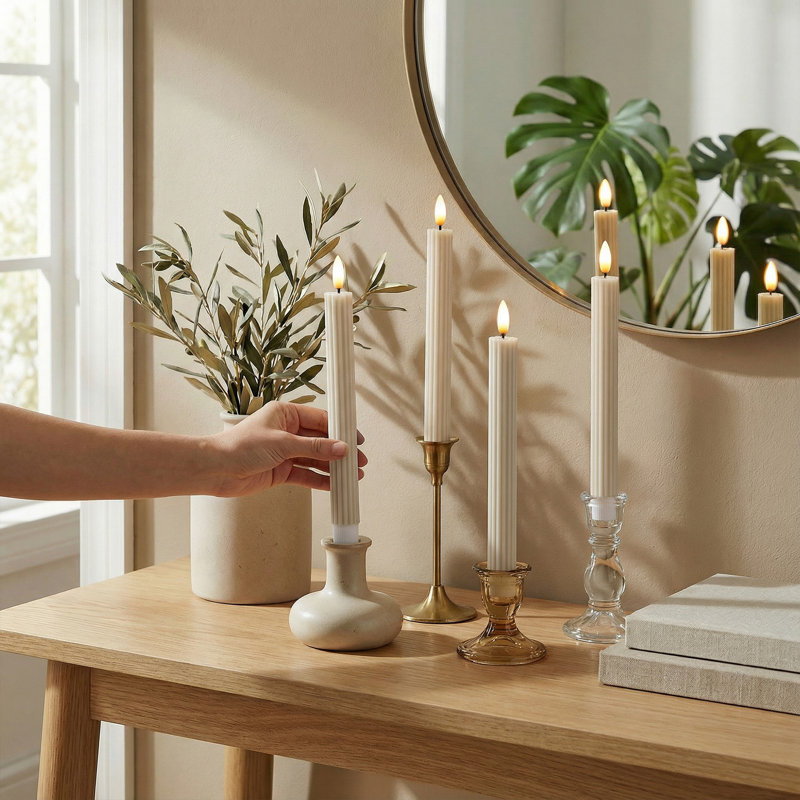 Fluted Ribbed Grooved LED Flameless Taper Candles, Remote, On/Off Button, Battery Operated, 6 Pack, Cream