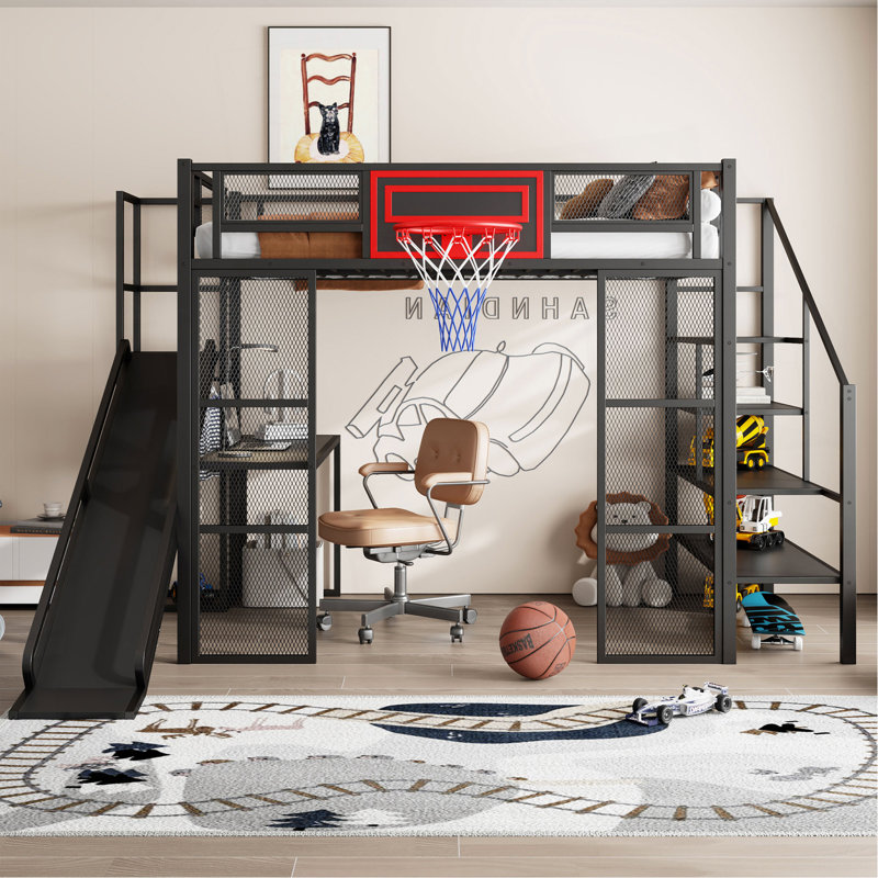 Lit mezzanine en métal avec bureau intégré, garde-robe ouverte, panier de basketball,, Noir, noir, noir, noir