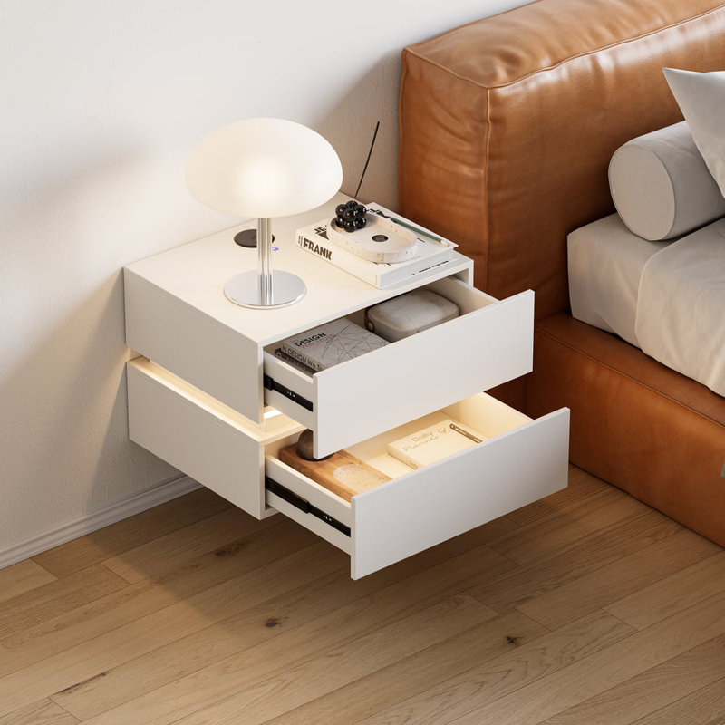 Smart Floating White Bedside Table With Led Lights & Wireless Charging, Wall-mounted 2-drawer