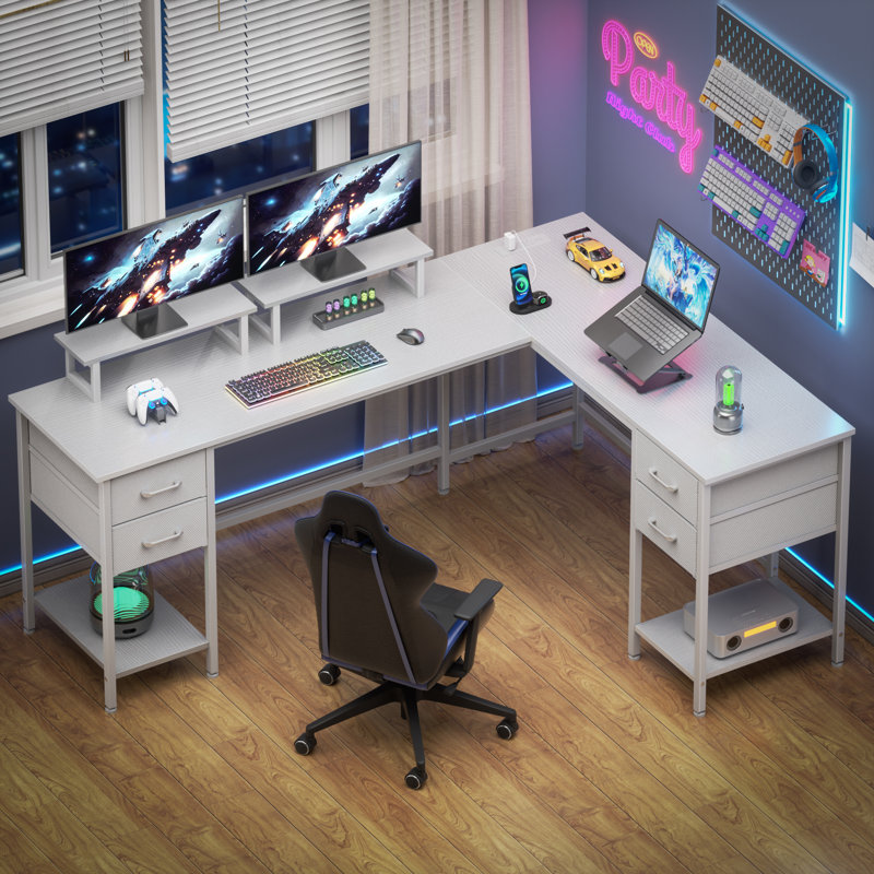 Bureau d'ordinateur en L 66 po avec prise de courant, H 29,1 po x l 66,1 po x P 47,2 po, Blanc