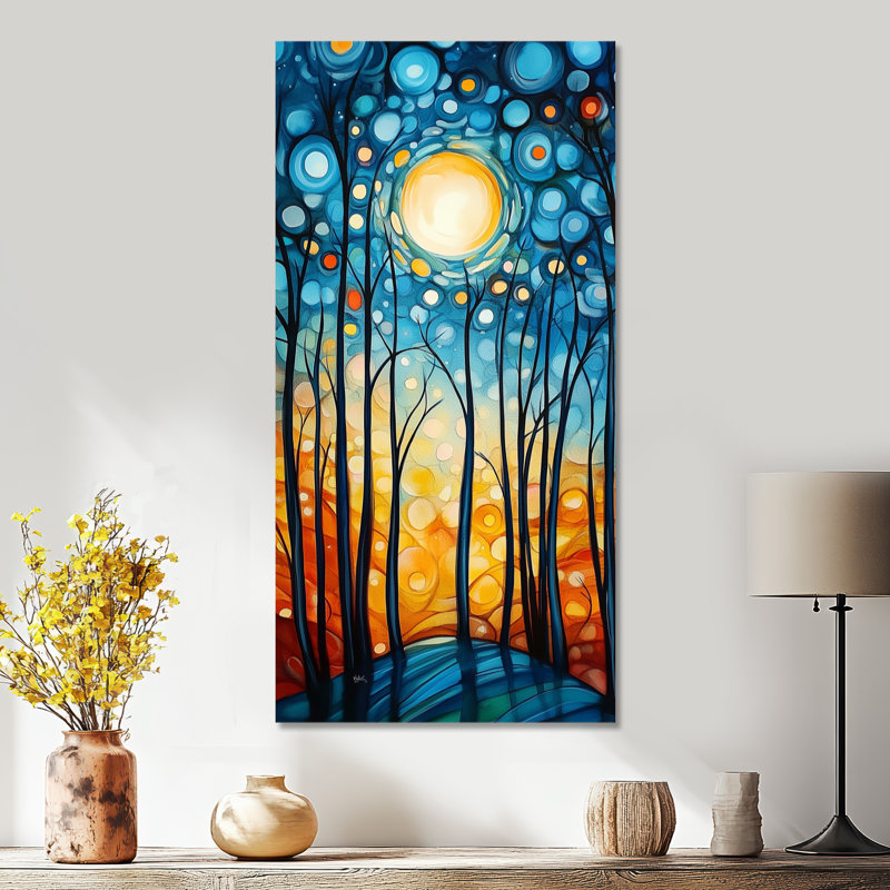 «Blue Yellow Moonlight Summer Forest Walk IV», art mural encadré rustique bleu, impressions sur toile sereines, Toile tendue