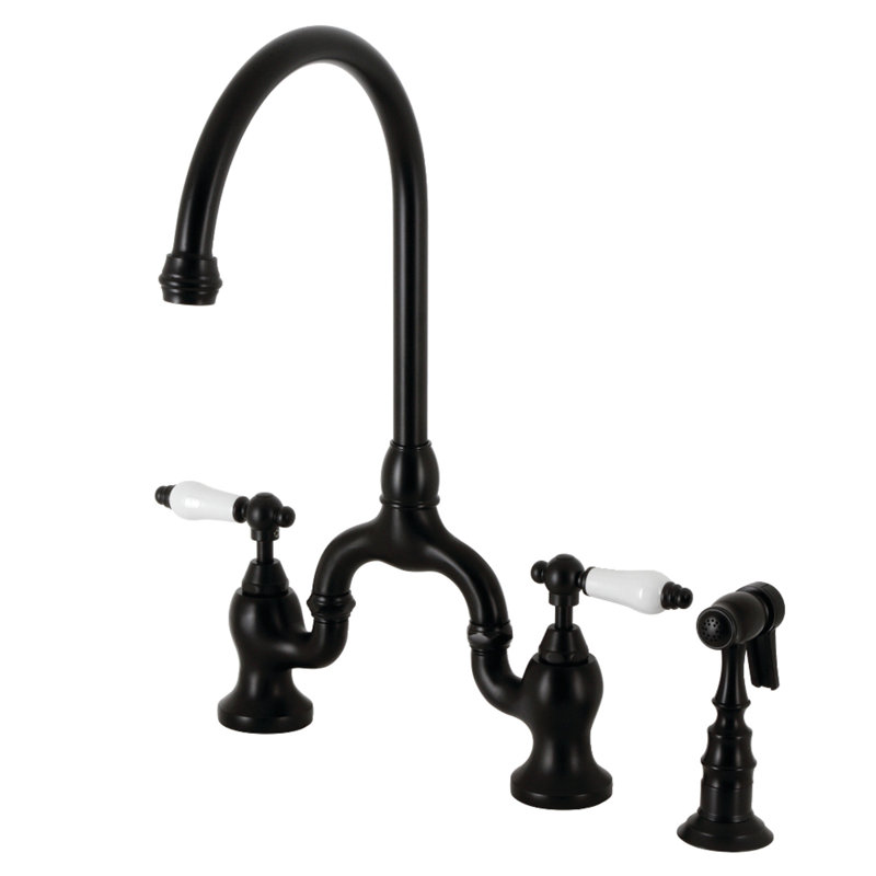 Kingston Brass English Country Two-Handle 3-Hole Deck Mount Bridge Kitchen Faucet with Brass Side Sprayer, Matte Black
