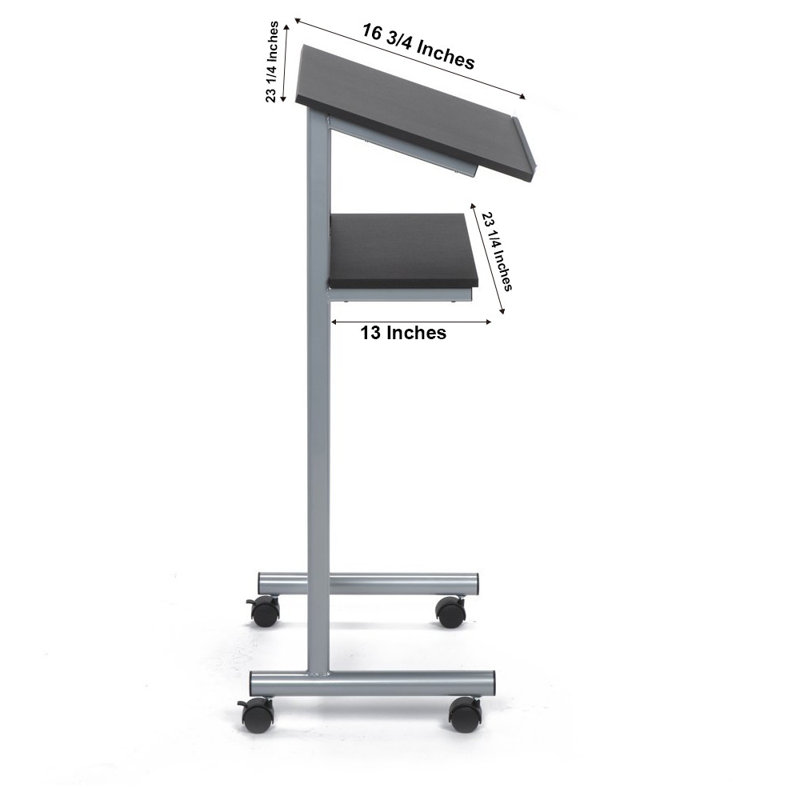 Black and Silver Metal Wheeled Lectern with Storage Shelves