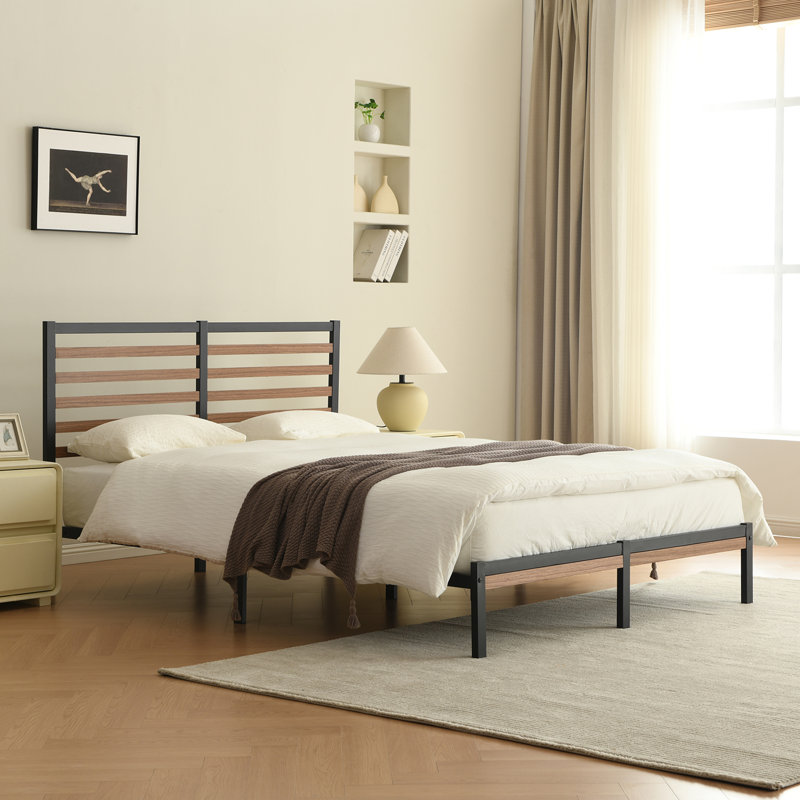 Orv Metal Platform Bed with Middle Wooden Slat Headboard, Queen