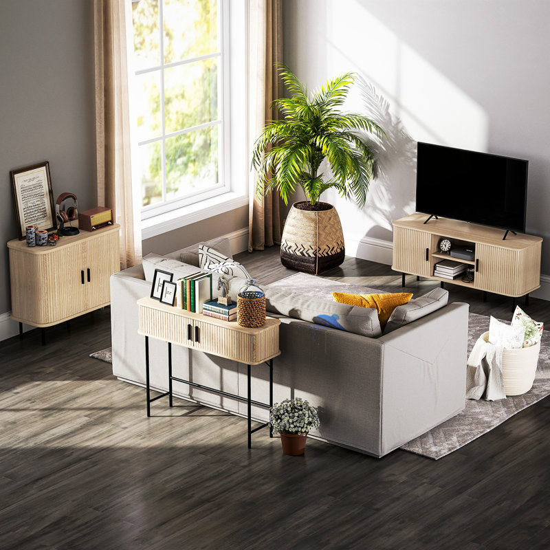 Console étroite avec portes coulissantes en lattes Tambour, chêne