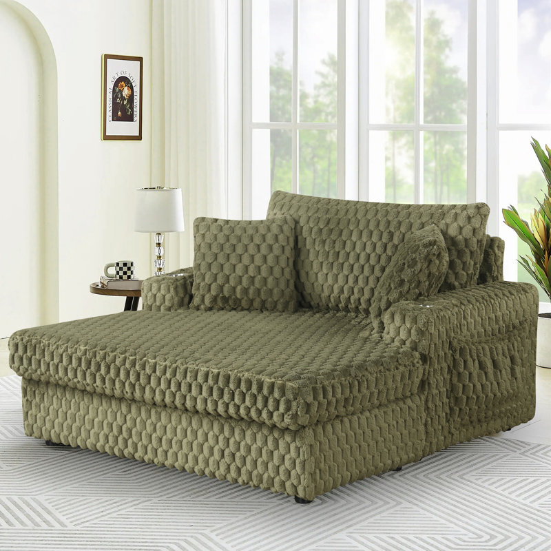 Chaise longue moderne rembourrée avec 2 porte-gobelets, une poche et des coussins, Vert