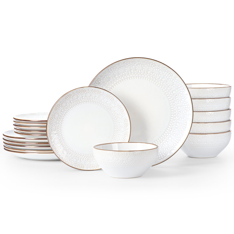 Ensemble de vaisselle 18 pièces en grès, assiettes et bols pour 6 personnes, Floral