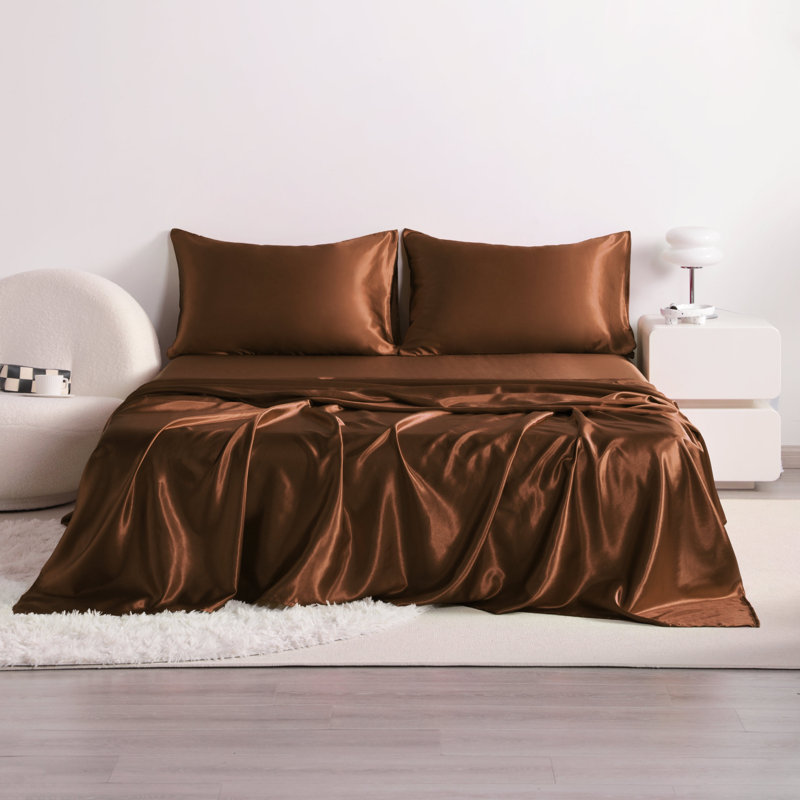 Luxury 4-Piece Satin Sheet Set - Satin Bedding Set, California King Bedspread + 4 Additional Pieces, Brown