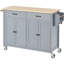 Îlot de cuisine gris et bleu avec plateau en bois massif ferme, armoire à 4 portes, 2 tiroirs, porte-épices et porte-serviettes, armoire à roulettes verrouillables et commode gris-121076821
