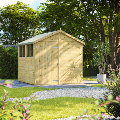 Powersheds 8 x 8ft Premium Pressure Treated Timber Apex Garden Shed, Double Doors