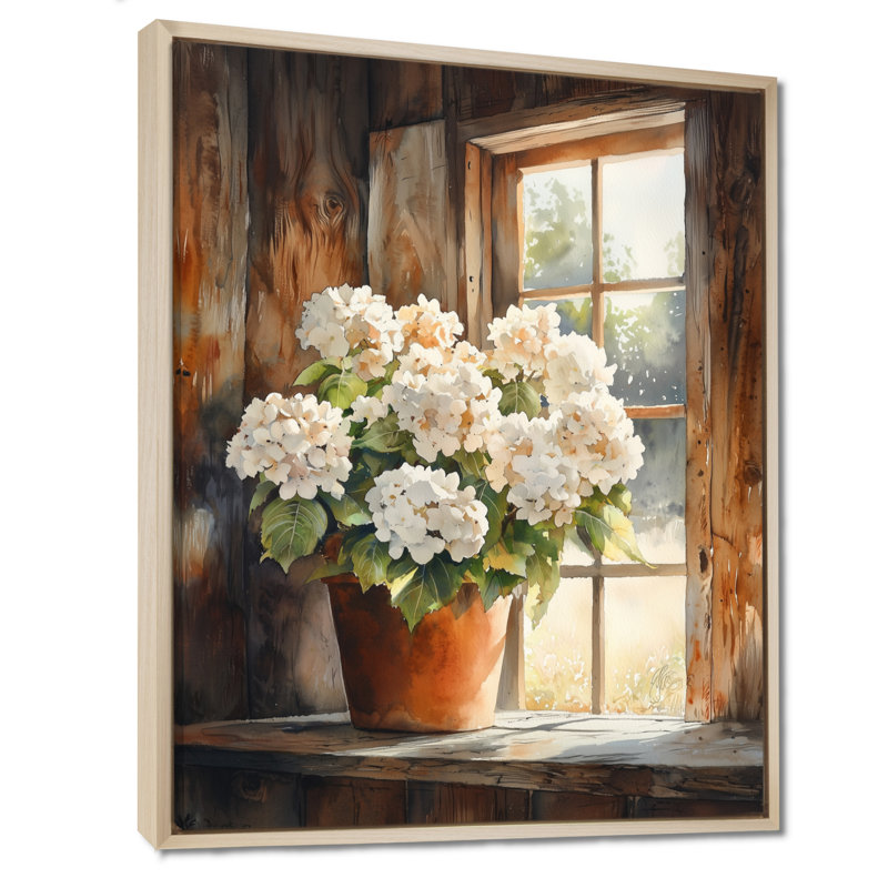 Hydrangeas In The Barnyard - Hydrangea Canvas Print Wall Art, Floater Framed Print, Cream, 20" H x 12" W