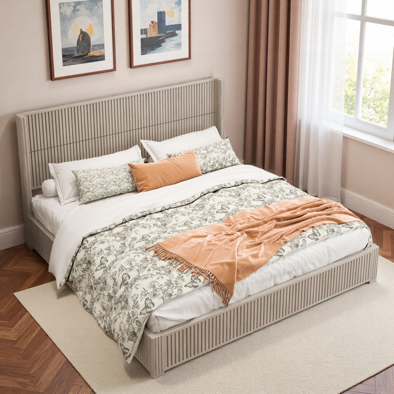 Lit plateforme en bois avec décoration grain de bois vertical, Beige, Très grand lit