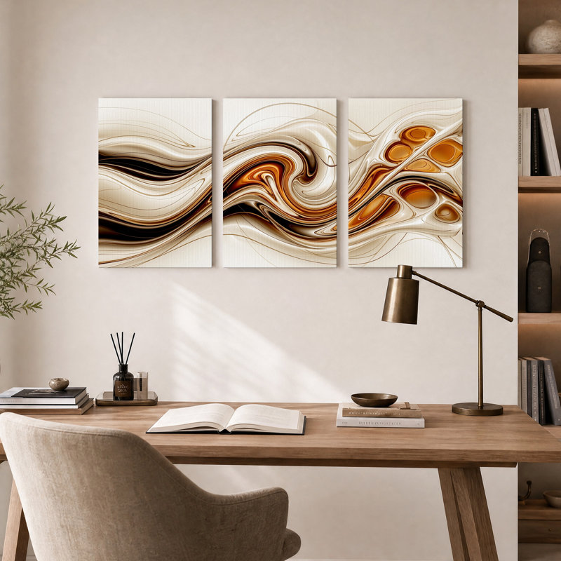 Ensemble de 3 toiles murales abstraites représentant des vagues liquides bronze et beige, H 36 po x l 24 po x 3 pièces