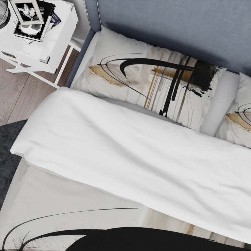 Ensemble de housse de couette en microfibre / polyester noir, blanc et doré Expression I