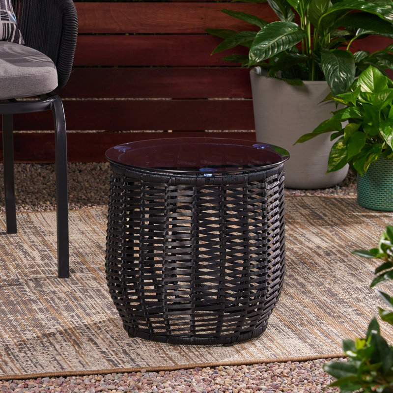 Table d'appoint d'extérieur avec plateau en verre trempé et cadre en fer thermolaqué de 15,86 pouces