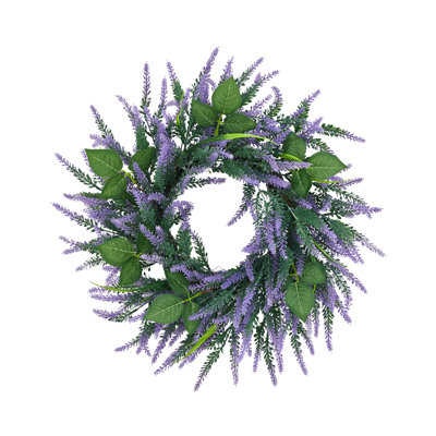 Couronne de printemps de 20 pouces pour porte d'entrée, couronne d'oignon et de fleurs de lavande, PVC fait à la main avec dos en rotin, décor de porche de campagne
