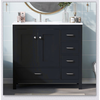 Ensemble de meuble-lavabo noir 36 po avec lavabo en céramique 36 po - 2 portes à fermeture douce et 5 tiroirs