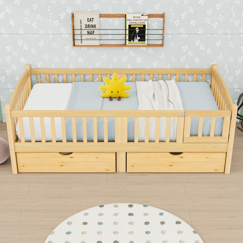 Lit plateforme en bois pour enfants avec garde-corps et 2 tiroirs, Lit simple, Naturel