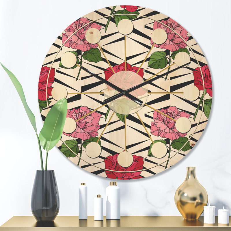 Retro Pink And Red Roses - Mid-Century Modern Wood Wall Clock, Medium