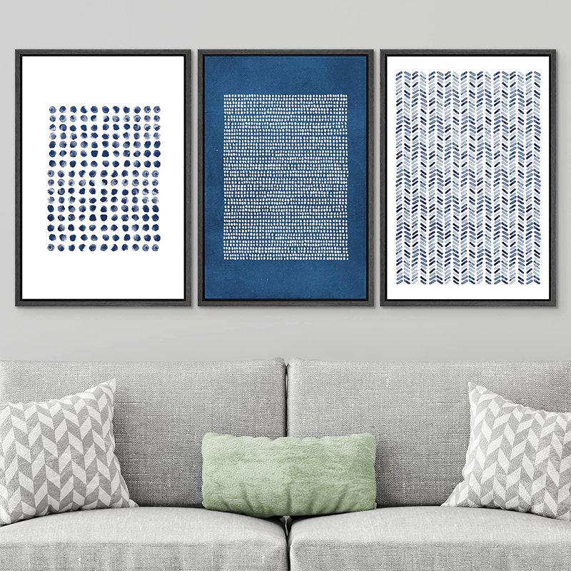 Ensemble de motifs géométriques abstraits - formes flottantes, ensemble de 3 impressions sur toile, Cadre noir