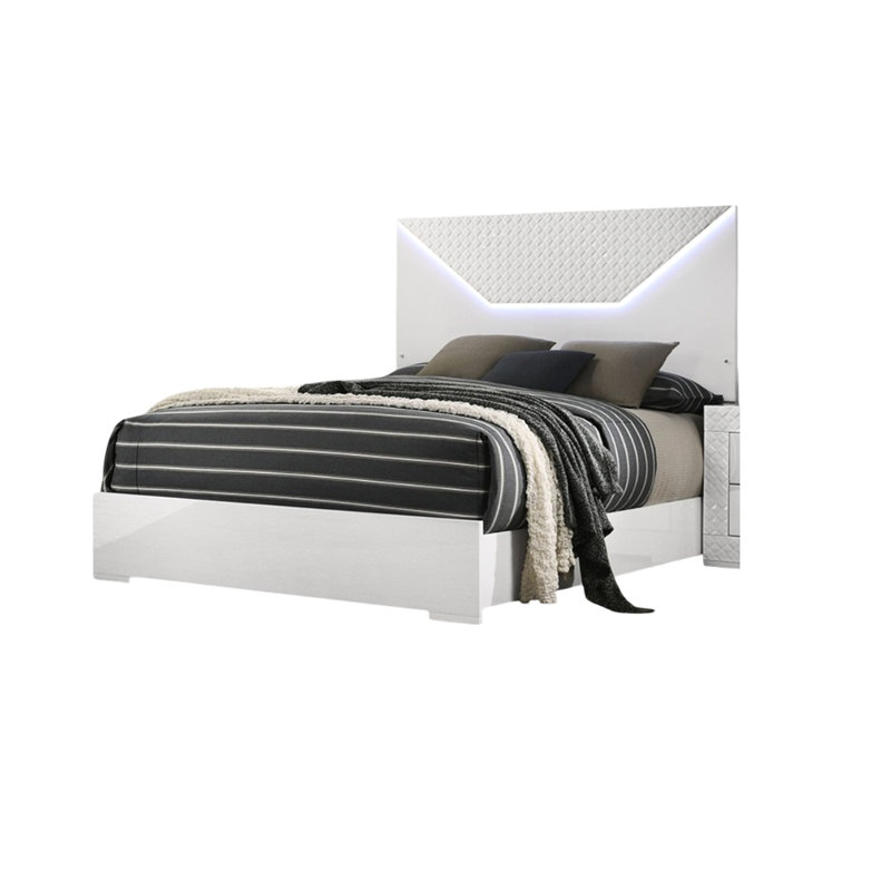 Lit contemporain très grand de style contemporain blanc, tête de lit à DEL, aspect lustré, finition de fabrication en bois d'ingénierie et en métal, conception de tête de lit intégrée, style moderne décontracté,