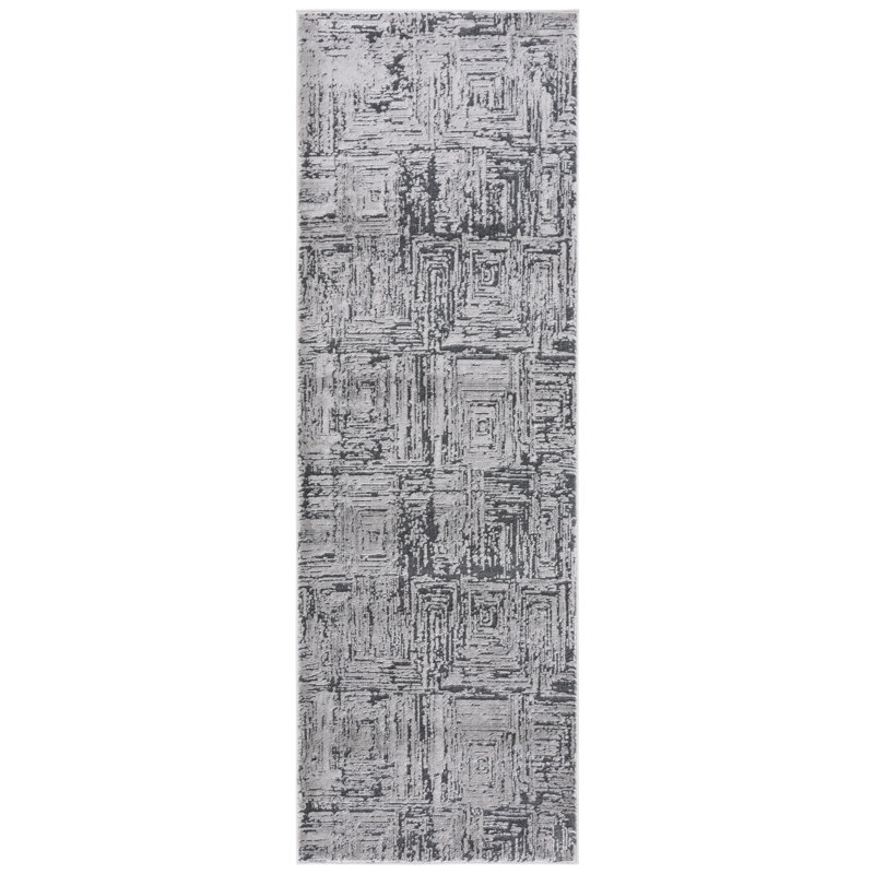 Tapis en polypropylène / polyester abstrait tissé à la machine en gris / gris foncé, Tapis de couloir 2 pi 6 po x 8 pi