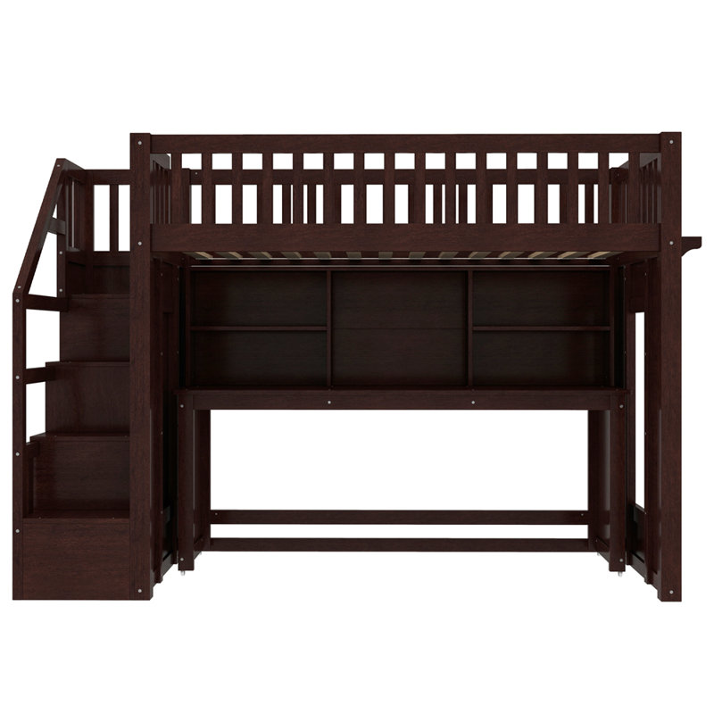 Lit mezzanine simple avec bureau mobile et tablette de rangement, avec escalier de rangement, Lit simple, Espresso