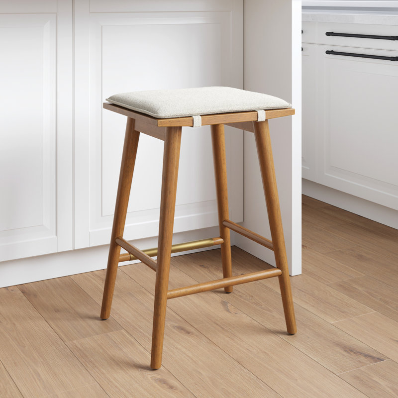 Tabouret de bar en bois sans dossier à hauteur de comptoir avec coussin amovible, Crème Boucle, Brun, 1