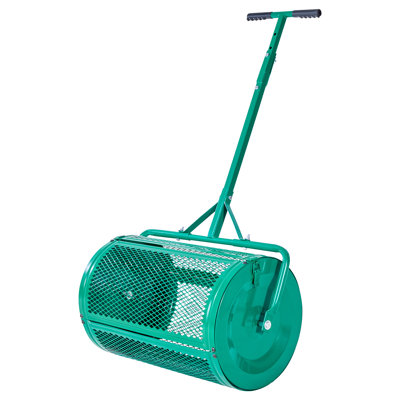 Épandeur de compost, épandeur de tourbe de 61 cm de large avec poignée de poussée/traction, 4 hauteurs réglables, rouleau à tourbe de jardin en acier thermolaqué, épandeurs de semences de gazon robustes pour le semis.
