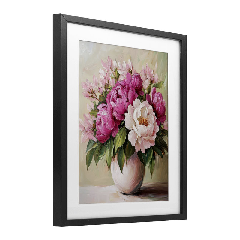 «Vibrant Pink Floral Bouquet», reproduction sous verre, par Petal Prints Design, H 16 po x l 13 po, Cadre noir minuit