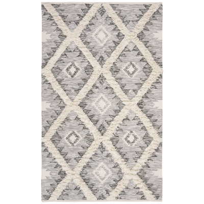 Inelda Hand Woven Wool/Cotton Geometric Rug in Charcoal/Ivory