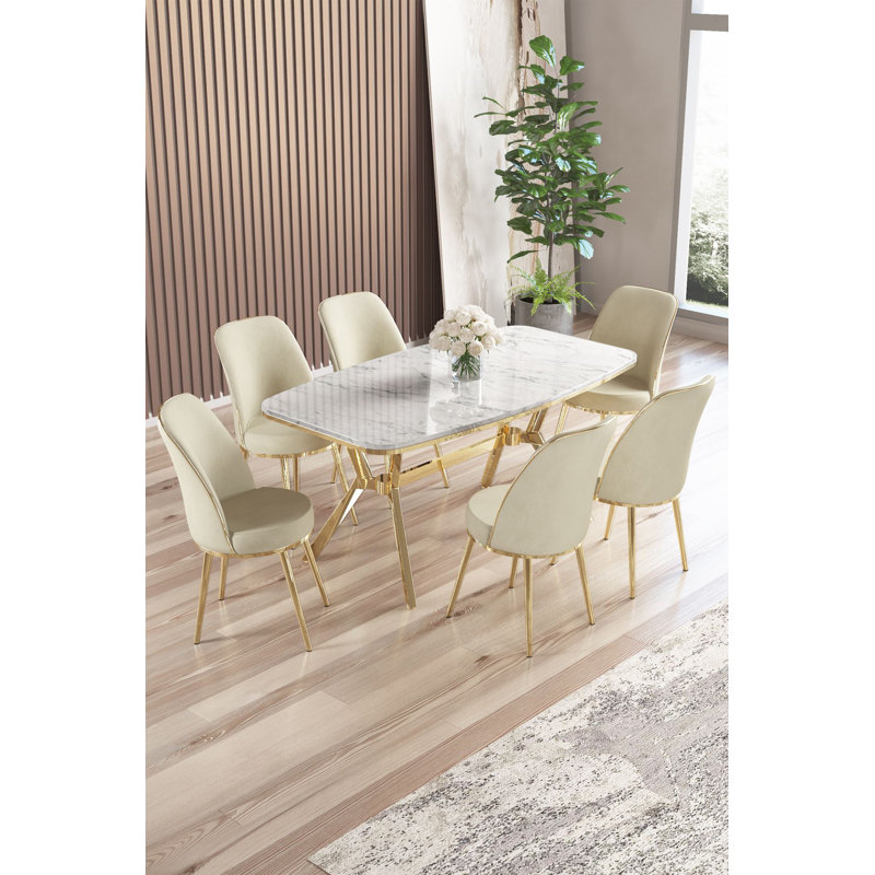 Ensemble de table et chaises de salle à manger (7 pièces), 7 Pieces: Table, 6 Chairs, White Marble/Gold, Cream