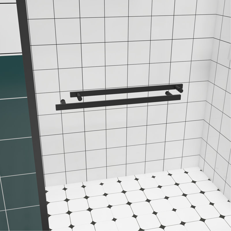 Porte de douche double coulissante avec poignée en acier inoxydable, angle de blocage, étanchéité à l'eau 44 largeur réglable de 48 po et verre trempé, système de sourdine