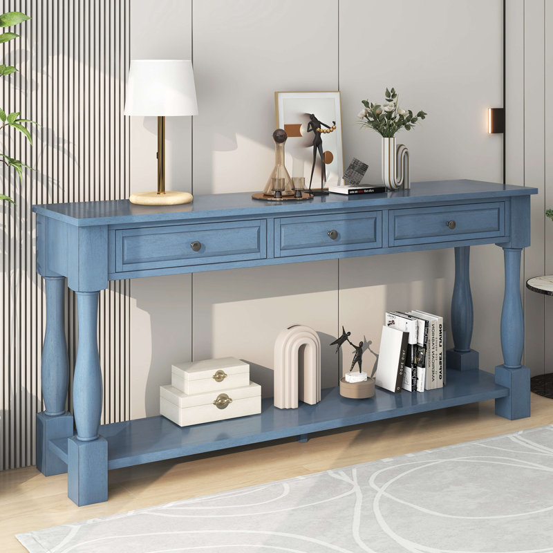 Versatile Wood Console Table with Three Drawers and Bottom Shelf, Navy
