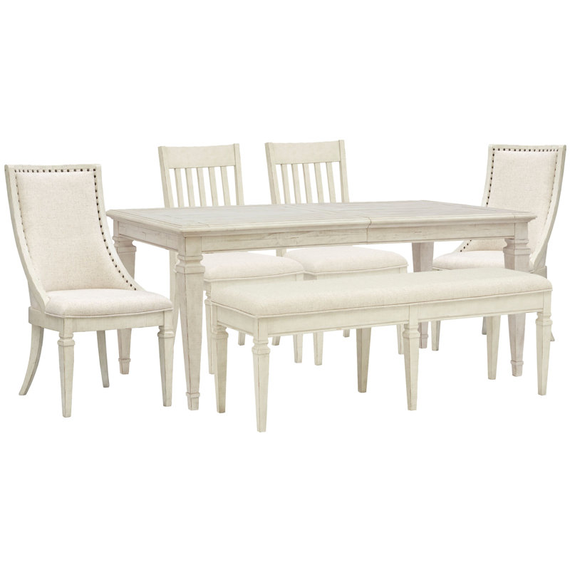 Extendable Rectangular Dining Table With 2 Side Chairs 2 Arm Chairs And Bench, 6 Pcs: Table, 2 Sidechairs, 2 Armchairs, Bench