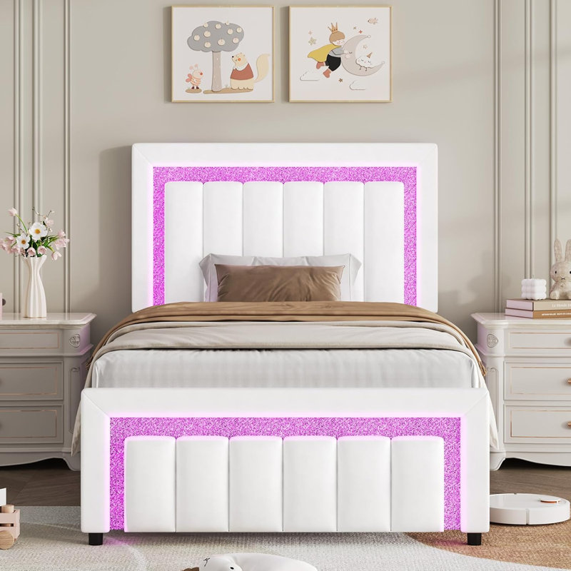 LED-lit and velvet-upholstered bed frame with a modern diamond headboard that is adjustable, Twin, White