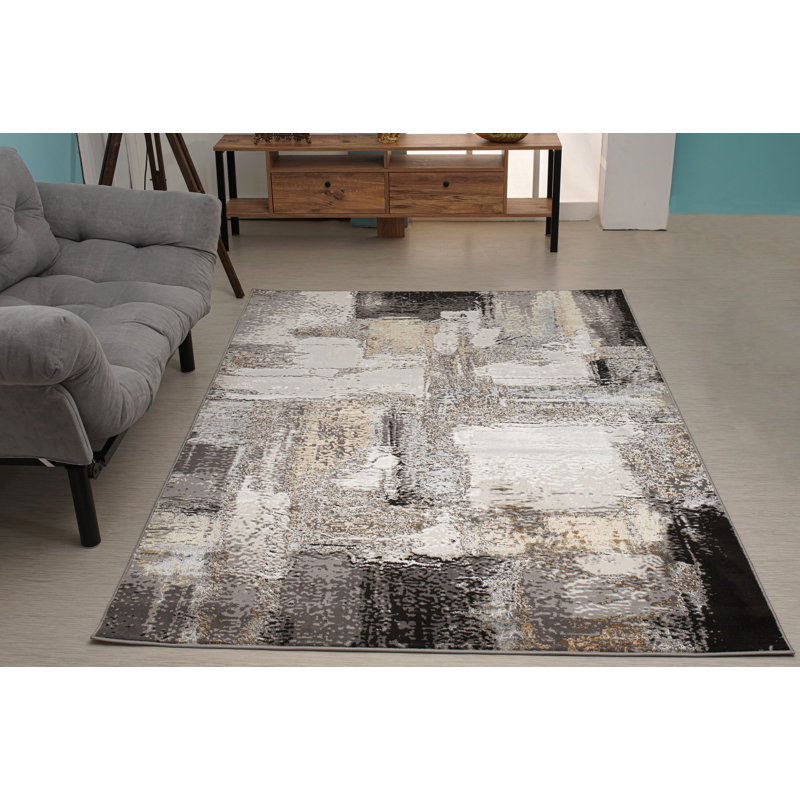 Tapis abstrait en polypropylène doré, tapis tissé à la machine, tapis de chambre à coucher - 5 x 8, 6 x 9