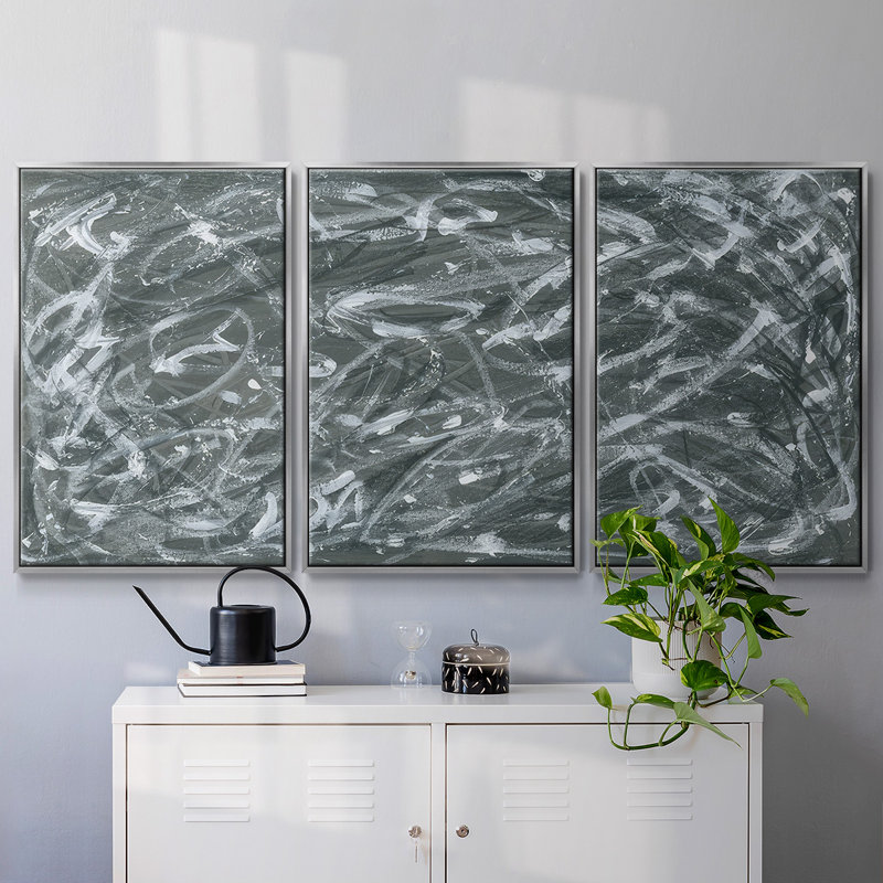 Static Scramble I, reproduction d'art encadrée sur toile 3 pièces, Encadrement argenté, H 36 po x l 75 po