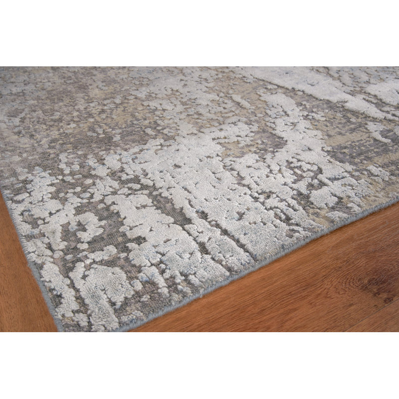Exquisite Rugs Fine Pure Silk Hand-Knotted Gray/Beige Area Rug, Rectangle 9' x 12'