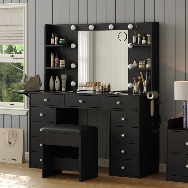 Makeup Vanity With Lighted Mirror And Power Outlet, 11 Drawers And Glass Top, 3 Color Lighting Modes, Fold-Up Panel, 4 Shelves, Stool Included