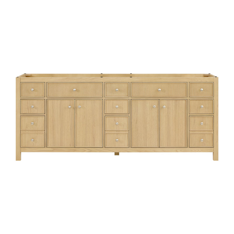 Meuble-lavabo double Rian de 213 cm (84 po) en chêne scandinave, sans comptoir ni lavabo, garniture en nickel brossé
