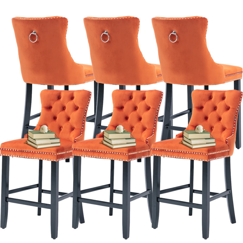 Velvet Kitchen Island Chairs Counter Height Barstools Set of 6, Orange, Black, 6