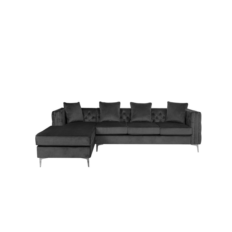 Everly Quinn Dark Grey Velvet Reversible Sectional Sofa Chaise with Nail-Head Trim