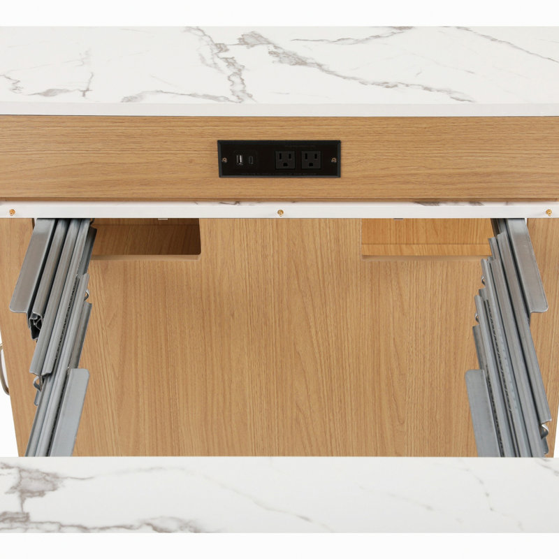 Kitchen Island with 2 Drawers, Power Outlet, Side Open Shelves for Kitchen, Dining Room, Natural