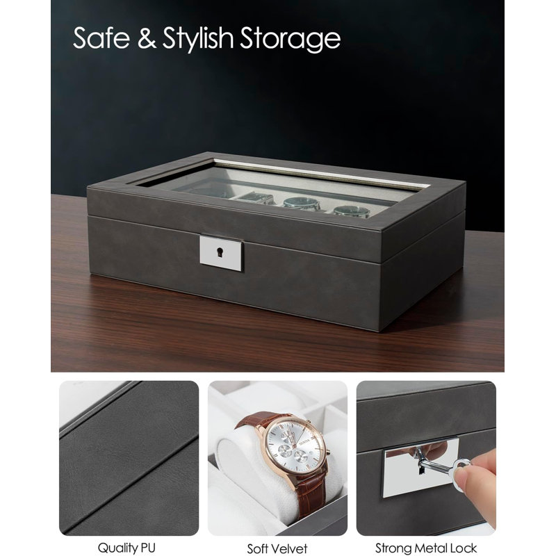 10-Slot Watch Box in Leather with Valet Drawer, Luxury Watch Case Display Organizer with Ultra Soft Microsuede Liner