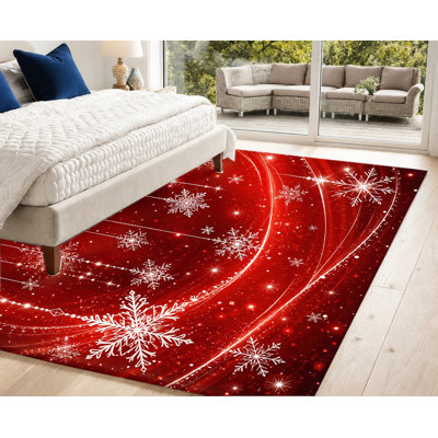 Tapis de Noël festif à motif flocons de neige, lavable à la machine, avec envers antidérapant, motif neige rouge et blanche, décoration intérieure chaleureuse pour salon, chambre, entrée, cuisine, balcon, appartement