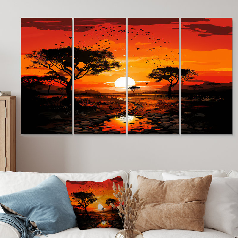 «African Tree Baobab Sunset Safari - Ensemble d'art mural 4 pièces Baobab», H 28 po x l 48 po
