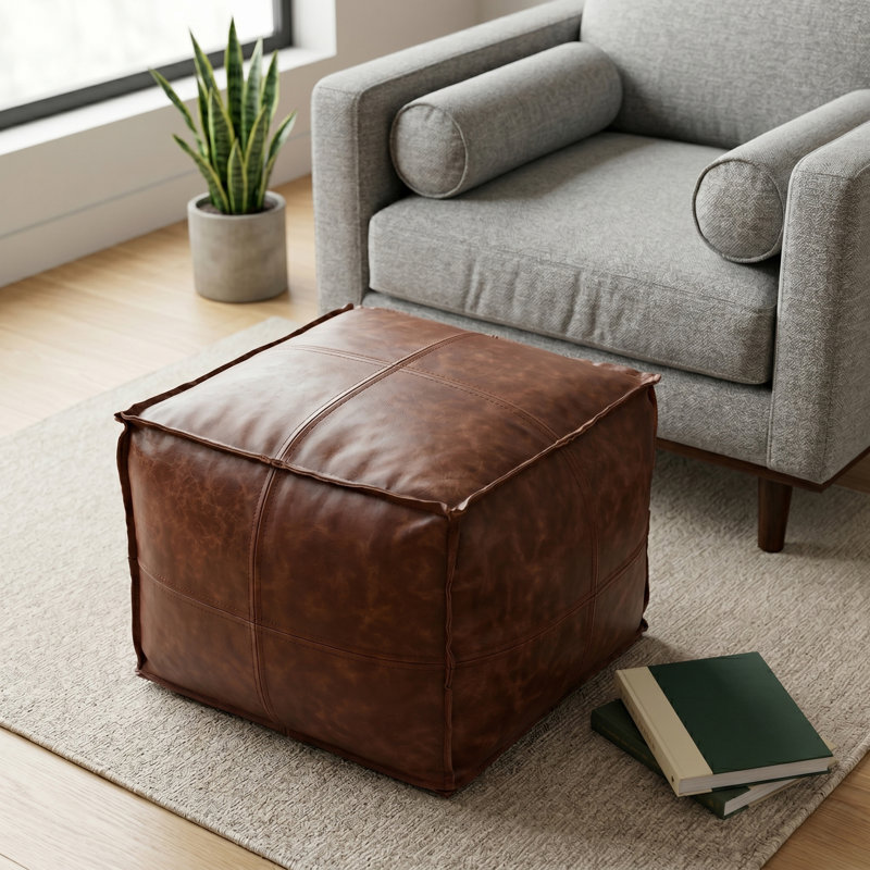 Sheffield 18"W Genuine Leather Boho Square Pouf in Brown, Brown Genuine Leather