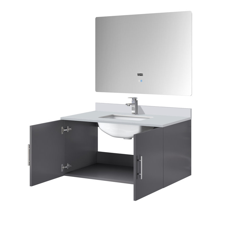 Meuble-lavabo gris foncé 36 po, surface en quartz blanc, robinet, po Miroir à DEL - rayure et matériau 36 po x 22 po, à rayures
